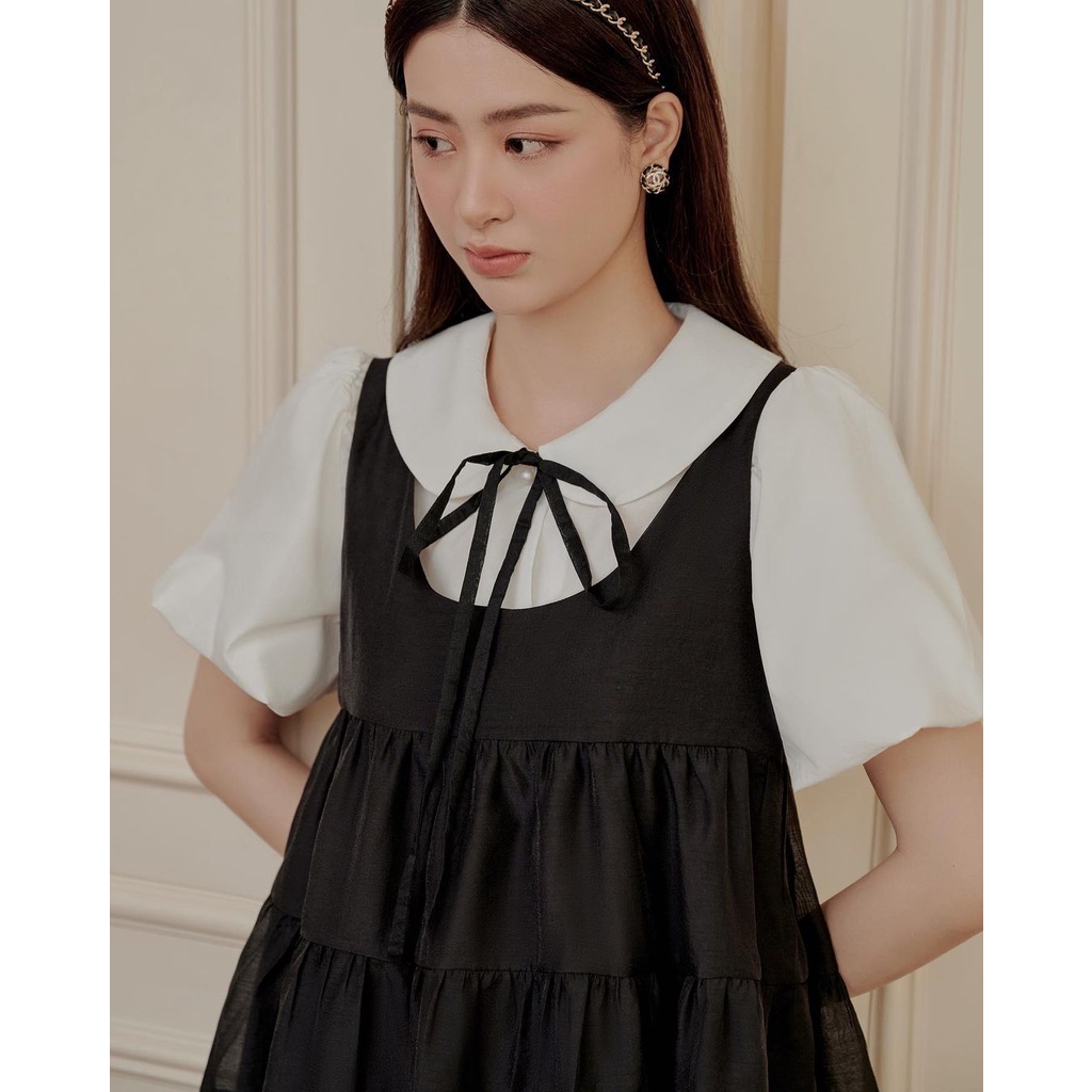 Set váy áo sơ mi nữ tay bồng Linly Store Đầm babydoll dáng xòe form rộng