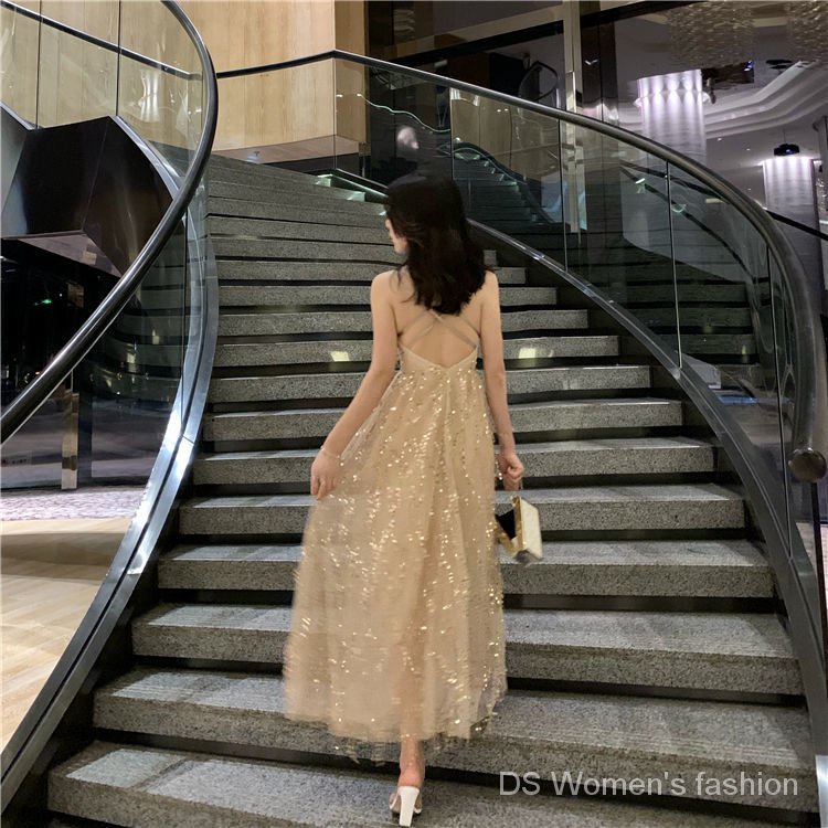 Đầm dài hở lưng đính kim sa lấp lánh thời trang mùa hè quyến rũ cho nữ
