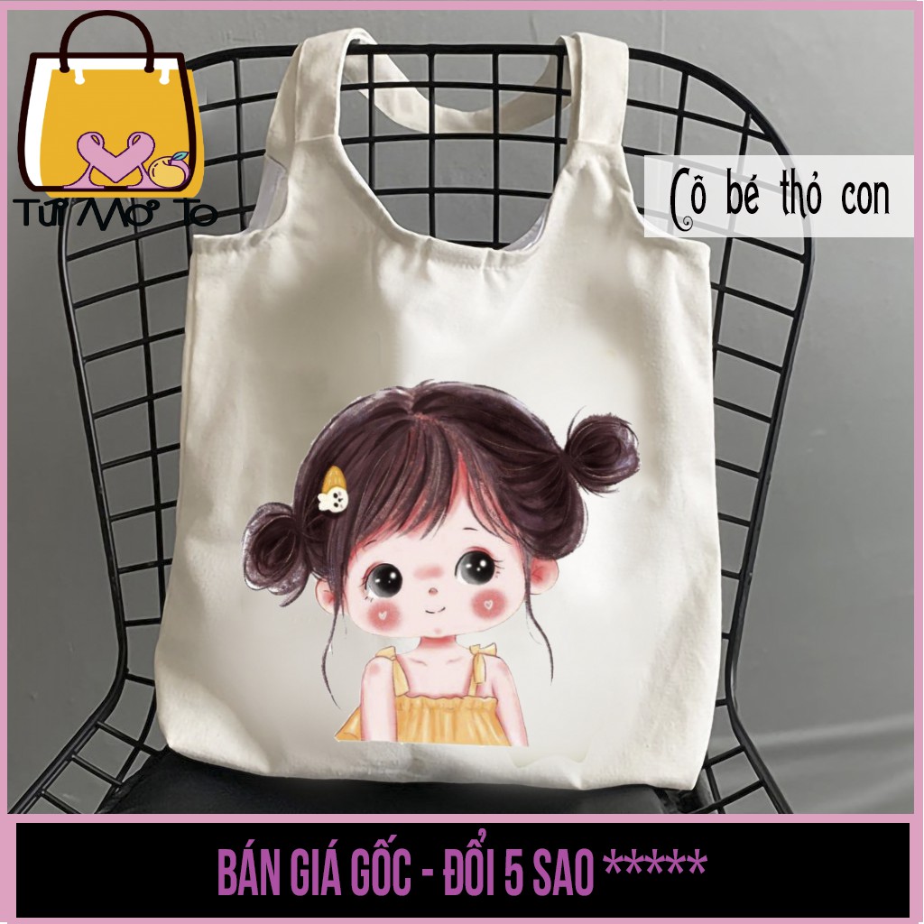 Túi tote túi vải túi canvas quai tròn có khóa kéo in hình cô bé thỏ con dễ thương - Túi Mơ To store