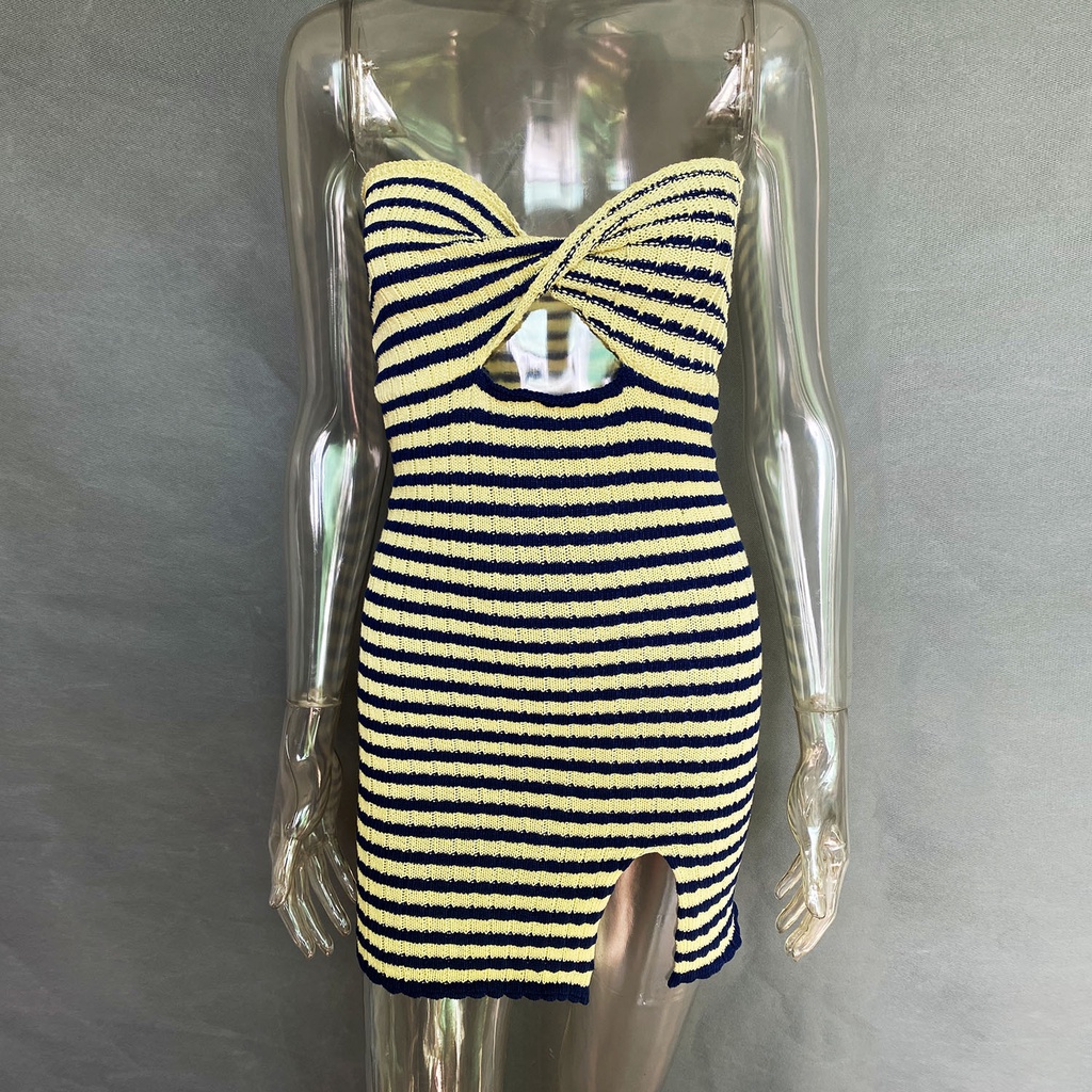 DUNEA Đầm Dệt Kim Trễ Vai Xẻ Tà Họa Tiết Kẻ Sọc Thời Trang Quyến Rũ Cho Nữ