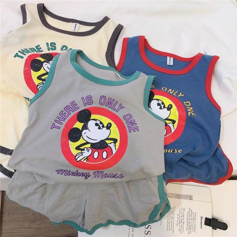Bộ Áo Thun Sát Nách Phối Quần Short Vải Cotton Thoáng Khí In Hoạt Hình Thời Trang Mùa Hè Cho Bé