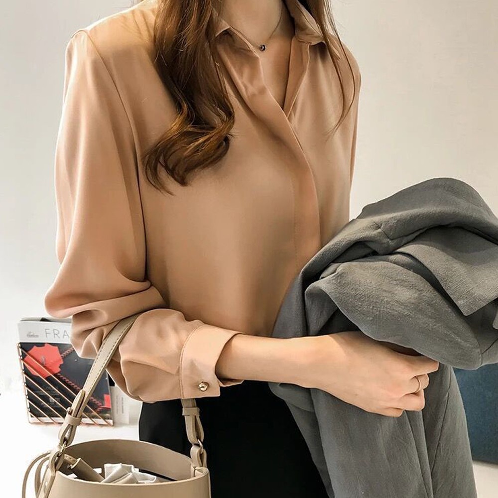 Áo Sơ Mi Baju Kemeja Perempuan Tay Dài Màu Trơn Dáng Rộng Vải Voan Thời Trang Công Sở Cho Bạn Gái