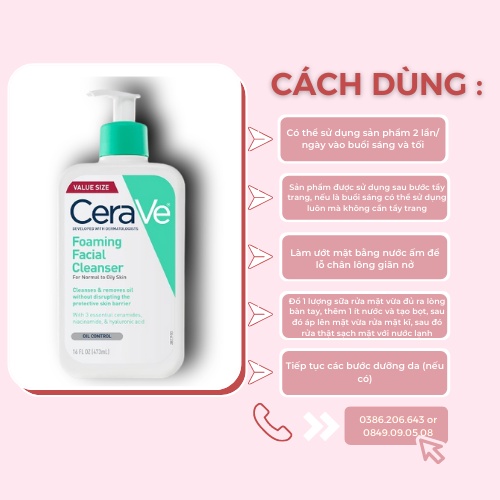 Sữa Rửa Mặt Dịu Nhẹ Dành Cho Da Dầu, Da Nhạy Cảm Cerave 236ml, 473ml SMR492