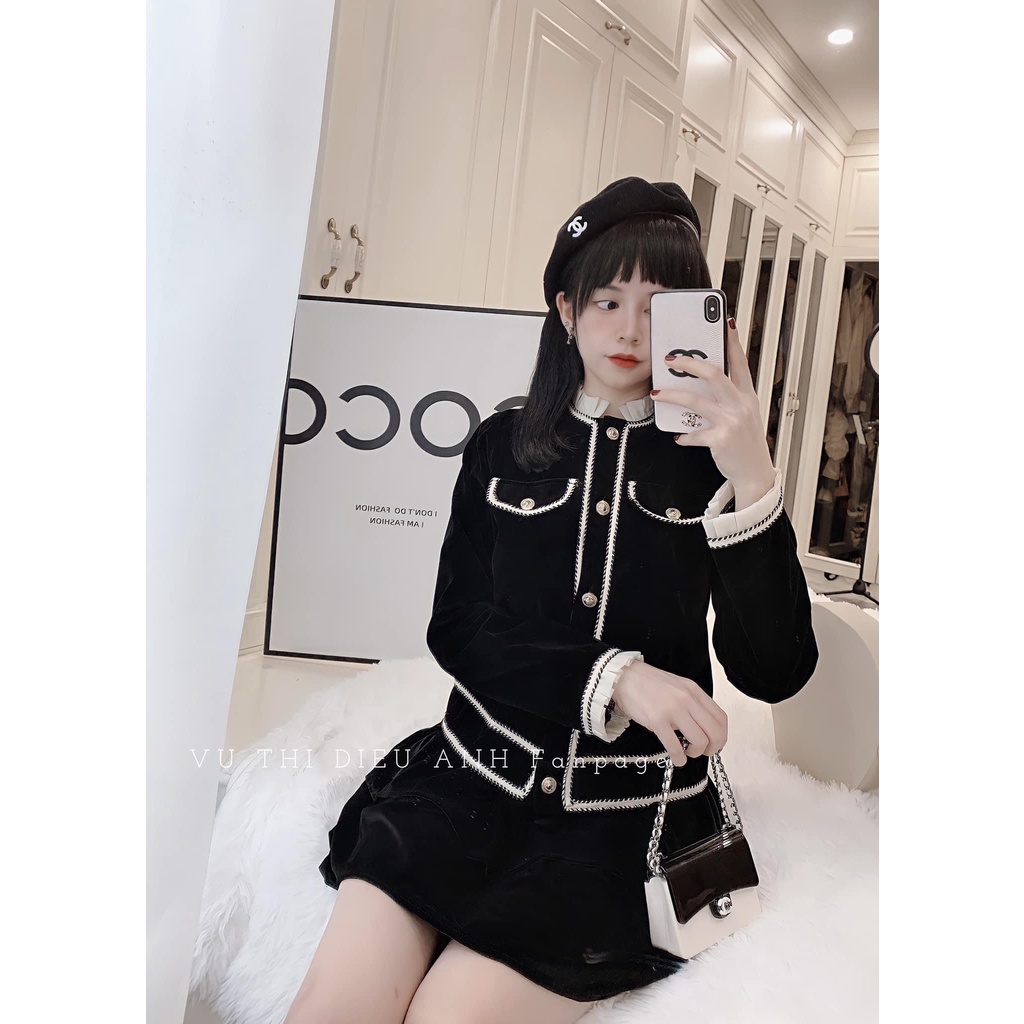 Áo khoác nhung viền dây cổ bèo nắp túi thu đông