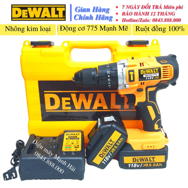 Khoan pin DEWALT 118V - 2 PIN KHỦNG 10 CELL - 3 chức năng: Khoan bê tông, sắt, gỗ, bắn vít, bắn tôn...