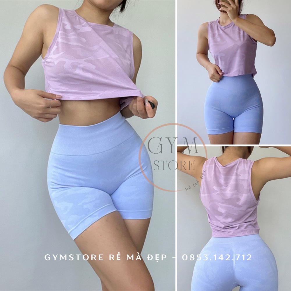 Áo Thun Croptop Không Tay Thể Thao Tập Gym Yoga Cổ Tròn Hoạ Tiết Rằn Ri GYMSTORE 078