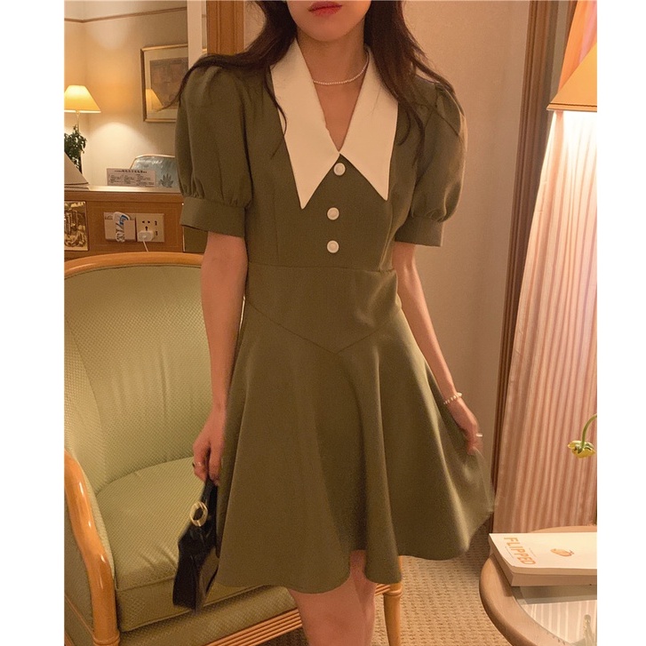 SUXI Đầm Tay Ngắn Màu Sắc Trơn Phong Cách Vintage Hàn Quốc