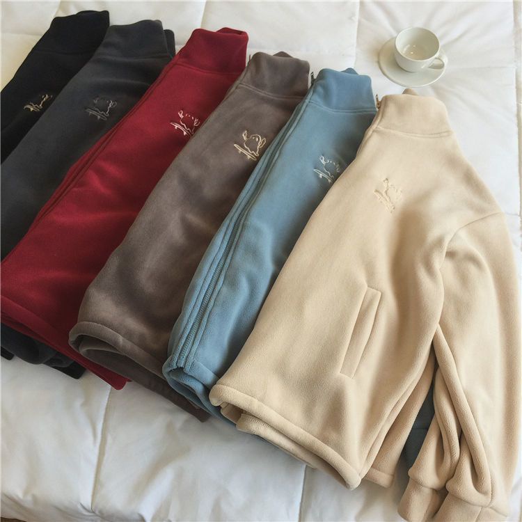 Áo Khoác Lông Cừu Dày Dặn Cổ Cao Thêu Họa Tiết Phối Khóa Kéo Thời Trang Mùa Đông Cho Nữ