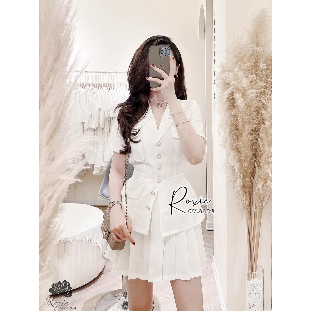 Set Vest nữ kèm chân váy xếp ly xòe cài cúc chất cực đẹp, Vest nữ công sở sang chảnh mặc đi làm, đi dự tiệc, đám cưới