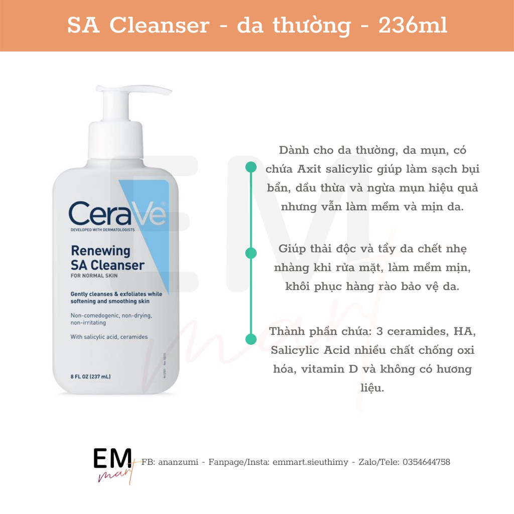 Sữa rửa mặt Cerave Foaming Cleanser, Cerave Hydrating Facial Cleanser, Cerave SA Smoothing Cleanser