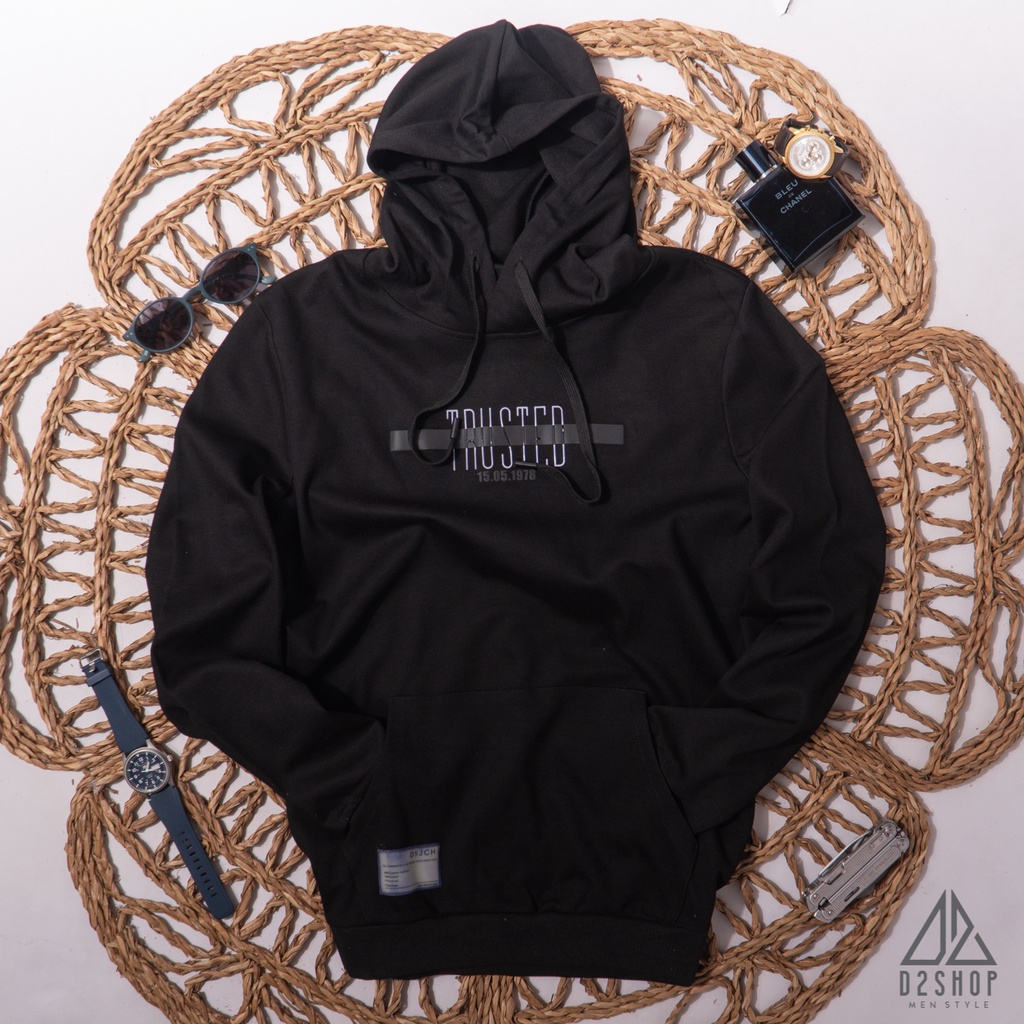Áo hoodie nam D2shop màu đen, thêu chữ TRUSTED
