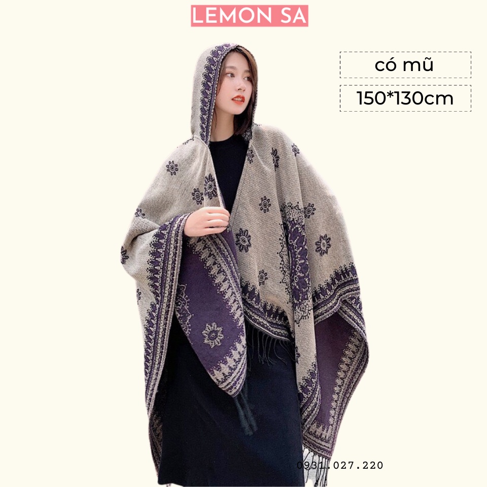 Áo choàng boho khăn choàng mùa đông có mũ màu nâu size 150*130cm - Mã LE29  Lemon