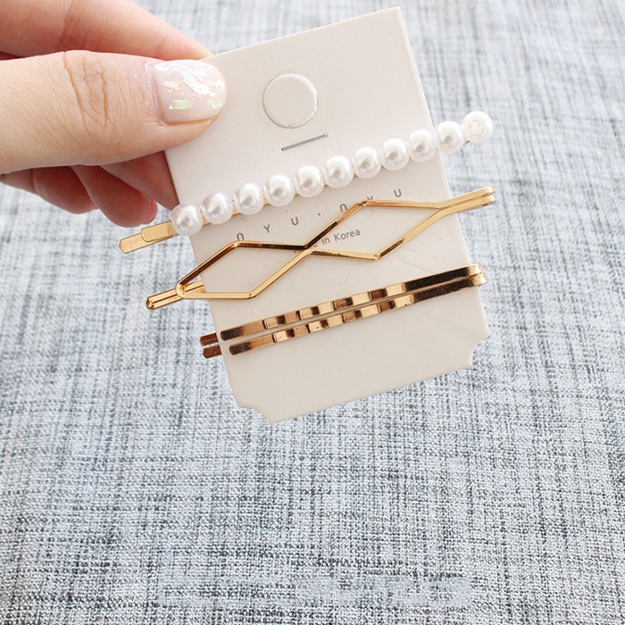 Set 3 Kẹp Tóc Kim Loại Đính Ngọc Trai Giả Thời Trang Cho Nữ