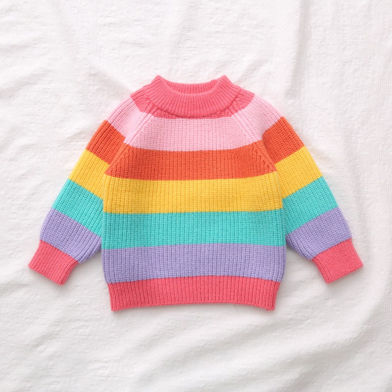 Áo Sweater Dệt Kim Cổ Tròn Tay Dài Màu Cầu Vồng Cho Bé Gái