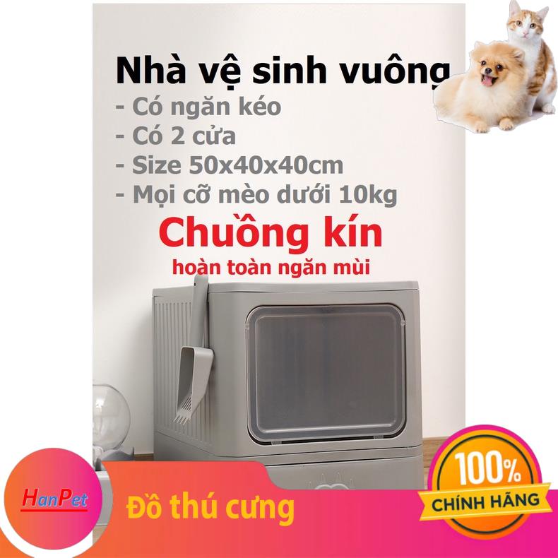 Nhà vệ sinh cho mèo VUÔNG có ngăn kéo khép kín có cửa vào ra riêng chống văng cát kèm xẻng