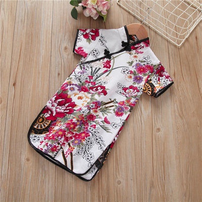 Sườn xám in họa tiết hoa xinh xắn cho bé gái-Sườn xám hoạ tiết hoa phong cách truyền thống cho bé