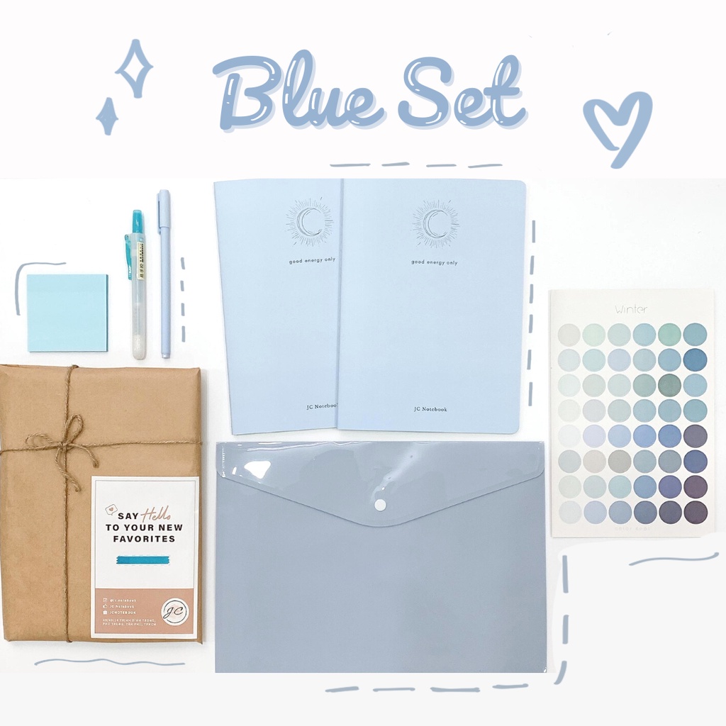 Blue Stationery Set - Combo Đồ Dùng Học Tập Theo Tone Xanh Dương - Vở B5 Caro Line - Giấy Note Trong Suốt - Bút Gel Đen