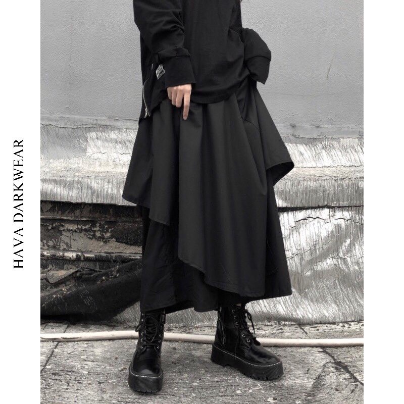 Chân váy đen dáng dài tầng lệch HAVADW form suông rộng cá tính phong cách darkwear chất trượt hàn mềm mát CV27