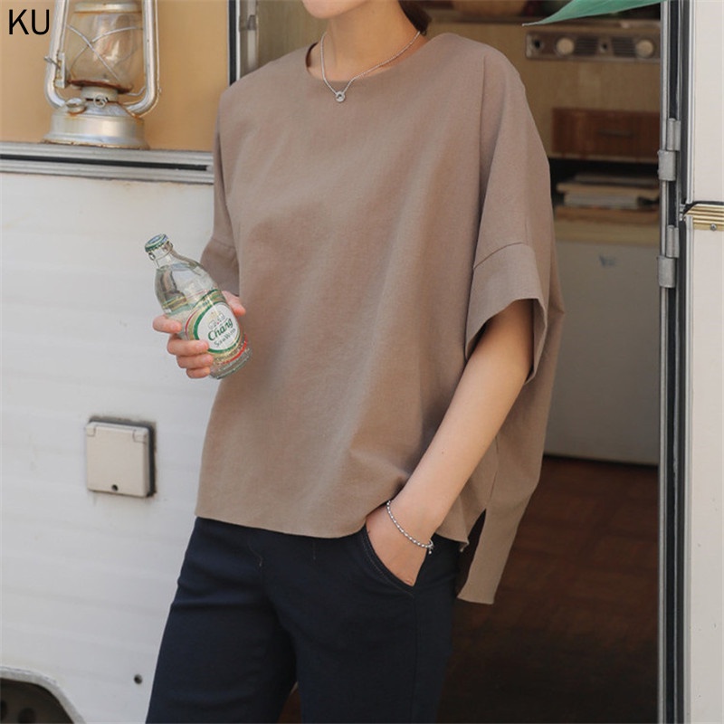 Hàng Mới Về Áo Thun Tay Ngắn Cổ Tròn Dáng Rộng Chất Liệu Cotton Lanh Thiết Kế Xẻ Tà Thời Trang Cho Nữ 2022