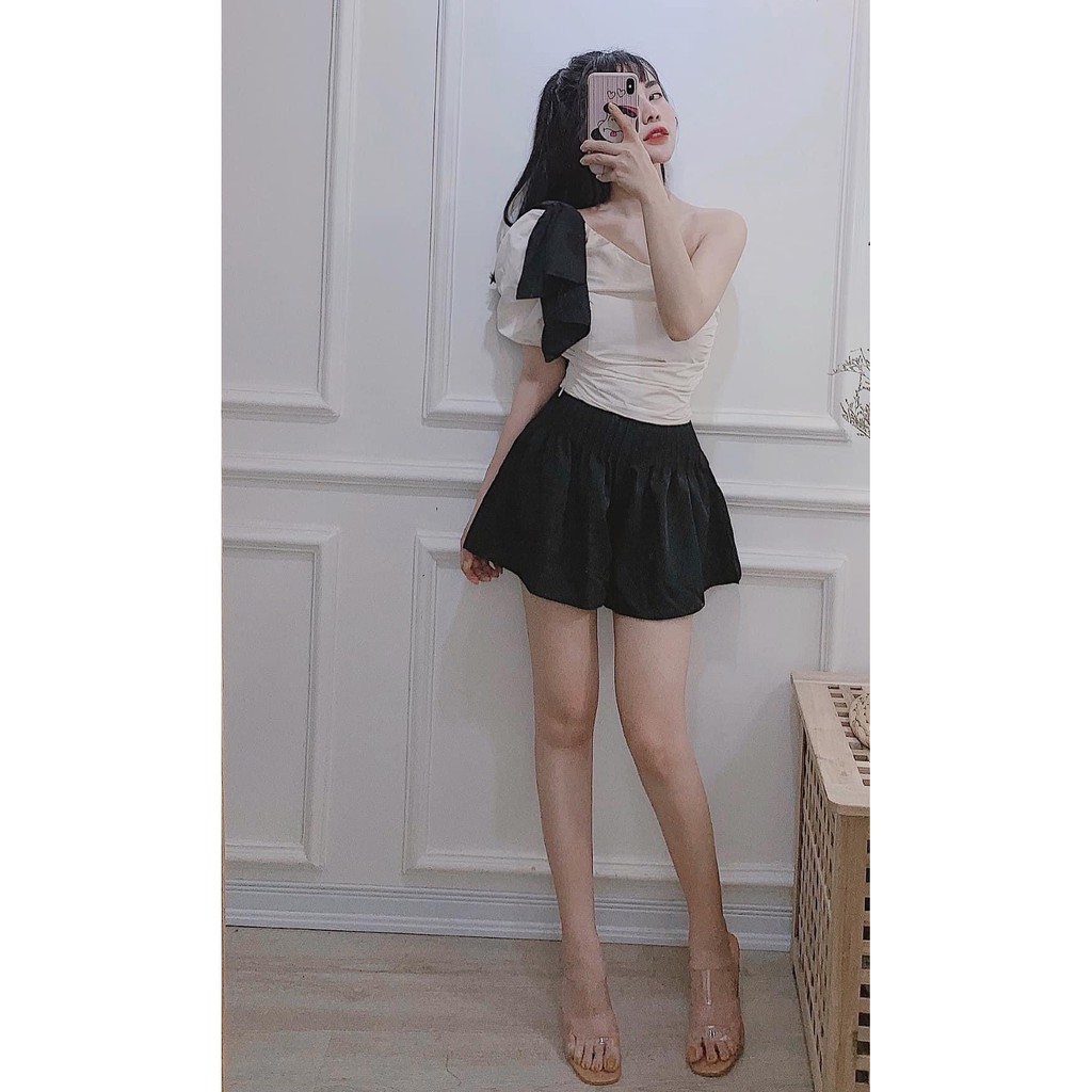 (HÌNH THẬT) Áo Croptop Lệch Vai Nơ MONY (ÁO TRẮNG NƠ ĐEN)