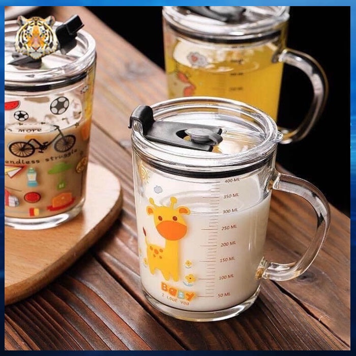 Cốc Pha Sữa Thủy Tinh Chia Vạch Siêu Tiện Lợi Có Nắp Và Ống Hút Cho Bé