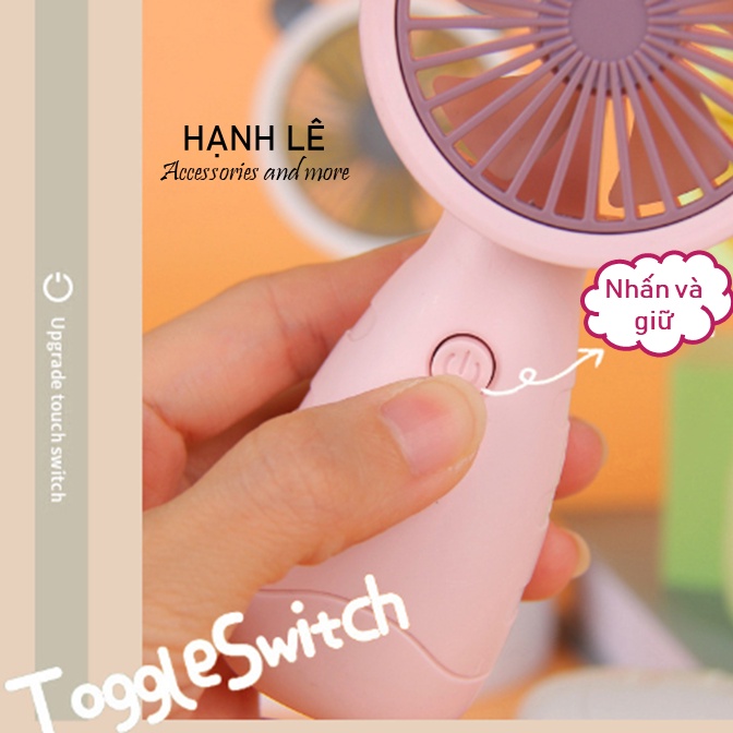 Quạt mini tích điện đeo cổ cầm tay có đế để bàn kèm theo giá đỡ điện thoại và dây đeo, nhỏ gọn dễ thương tai mèo dễ dàng
