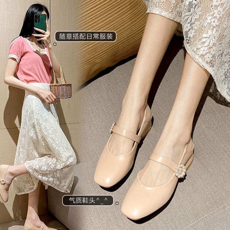 Giày sandal IELGY Mary Jane bằng da mềm mũi vuông gót thấp thời trang cho nữ