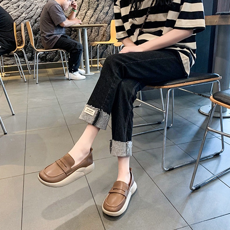 Giày lười da mềm IELGY mũi tròn phong cách thời trang Anh Quốc cho nữ