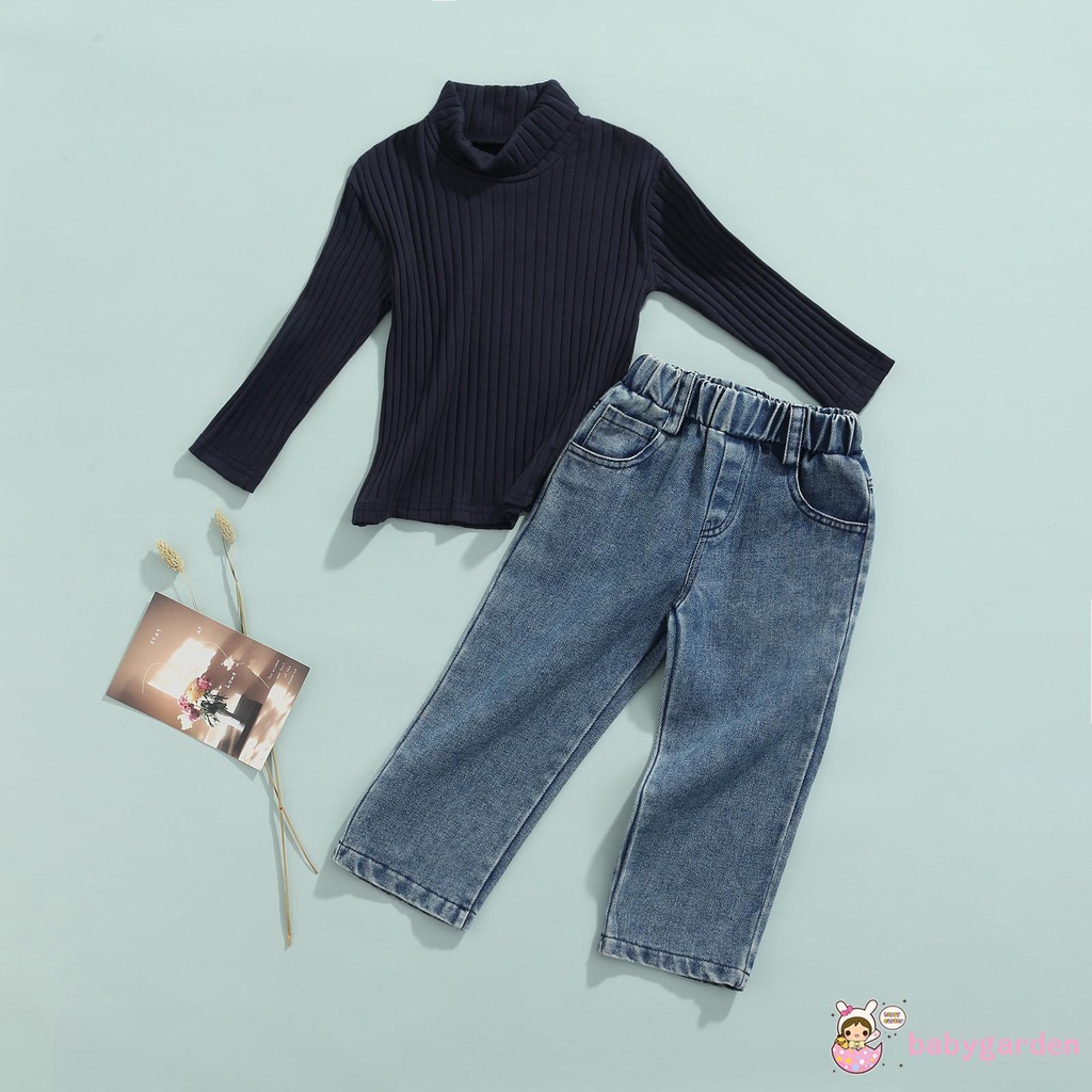 Áo Len Cổ Lọ Tay Dài Màu Trơn + Quần Denim Thời Trang Mùa Thu Cho Bé Gái 2-7 Tuổi