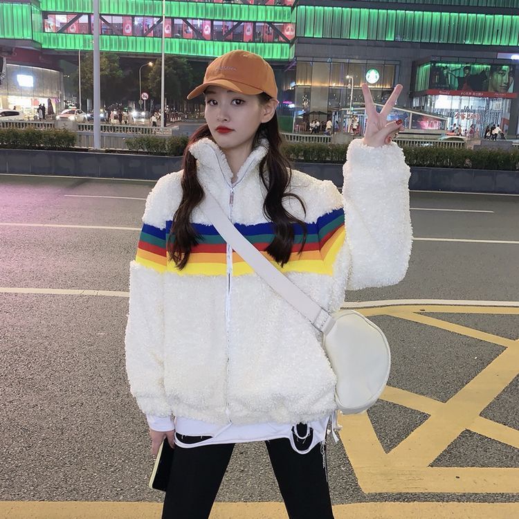 Jiashucheng Áo Khoác Len Lông Cừu Dày Dáng Rộng Màu Cầu Vồng Phong Cách Hàn Quốc Mới