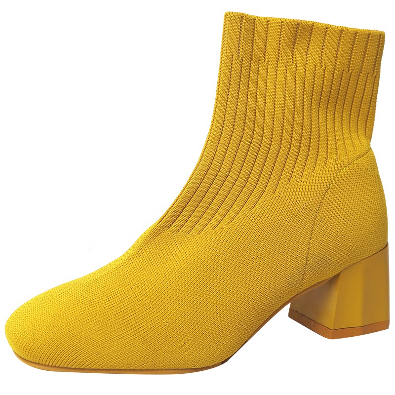 Giày boot len vân tăm mũi tròn gót vuông đồng màu style Hàn Quốc sang chảnh