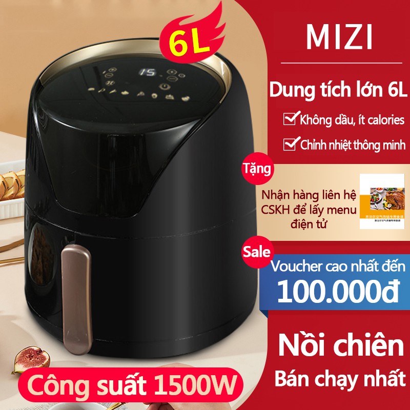 Nồi chiên không cỡ 6 lít hiệu Mizi bếp chiên không khí chống dính nướng cánh gà khoai tây chiên tuần hoàn nhiệt BE500B-1