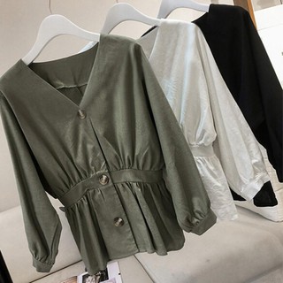 Áo sơ mi cài nút bo eo cổ V cho nữ
