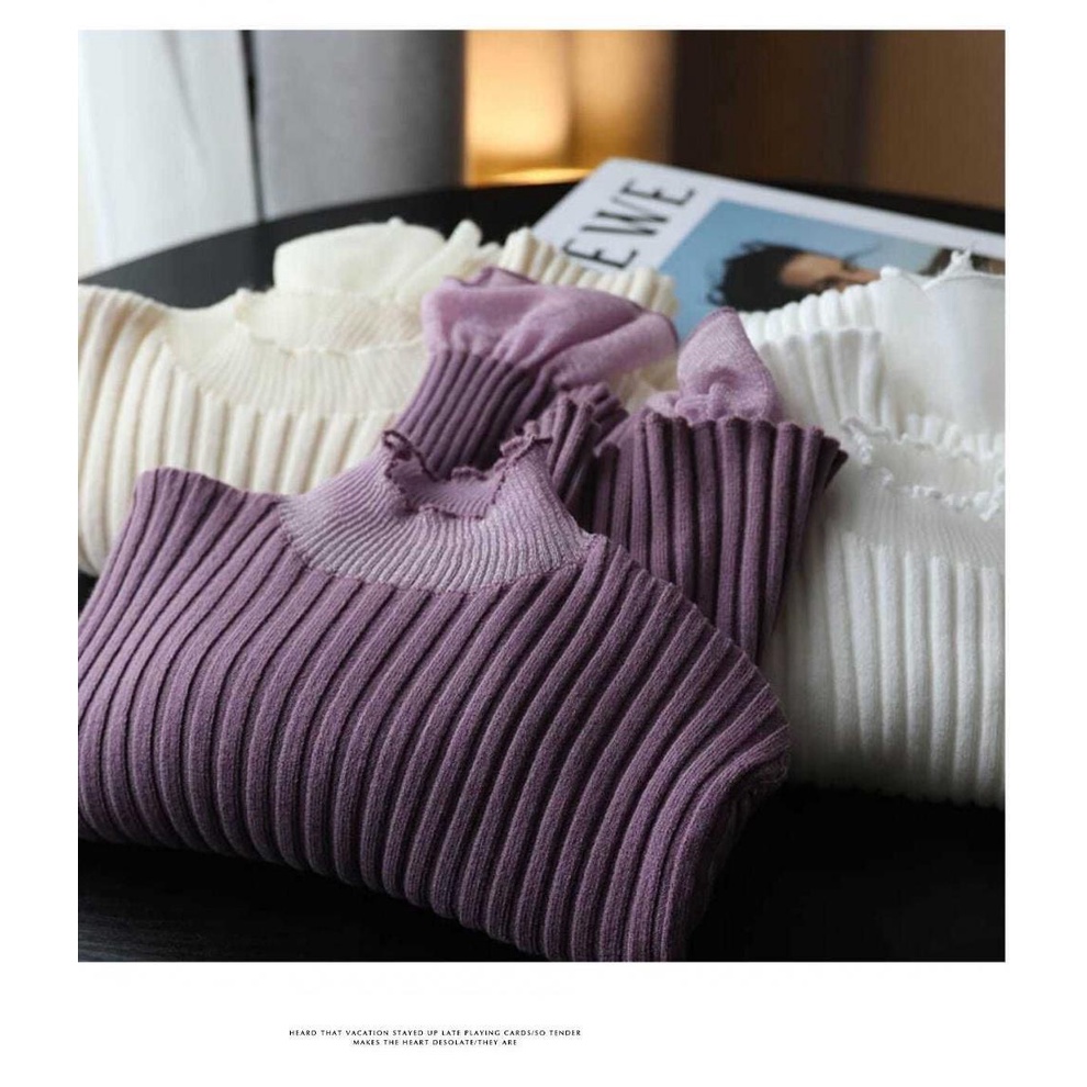 Áo len cổ lọ tay dài phối lưới thời trang thu đông mới thanh lịch cho nữ