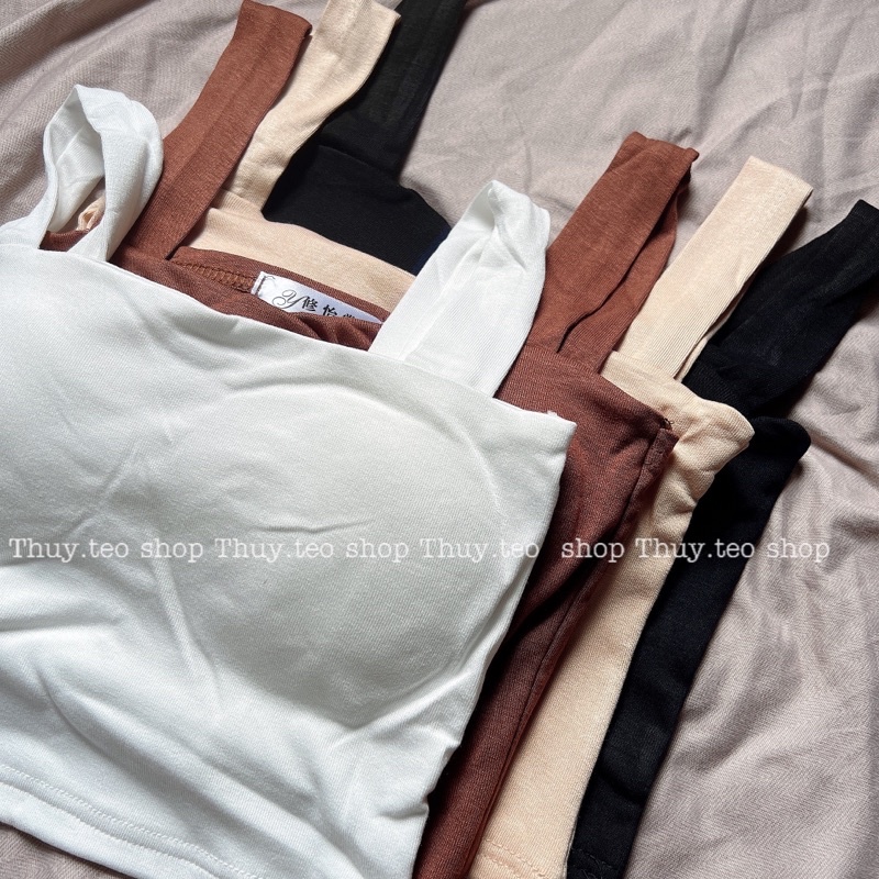 [HÀNG SẴN] Áo hai dây bản to croptop có sẵn đệm mút, áo bra nâu be đen trắng