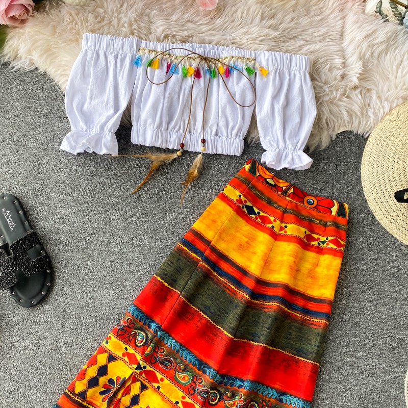 (ORDER) Set áo trễ vai + váy xẻ phong cách vintage bohemieng phù hợp mùa hè, đi biển, dạo phố, đi chơi. HÀNG QCCC