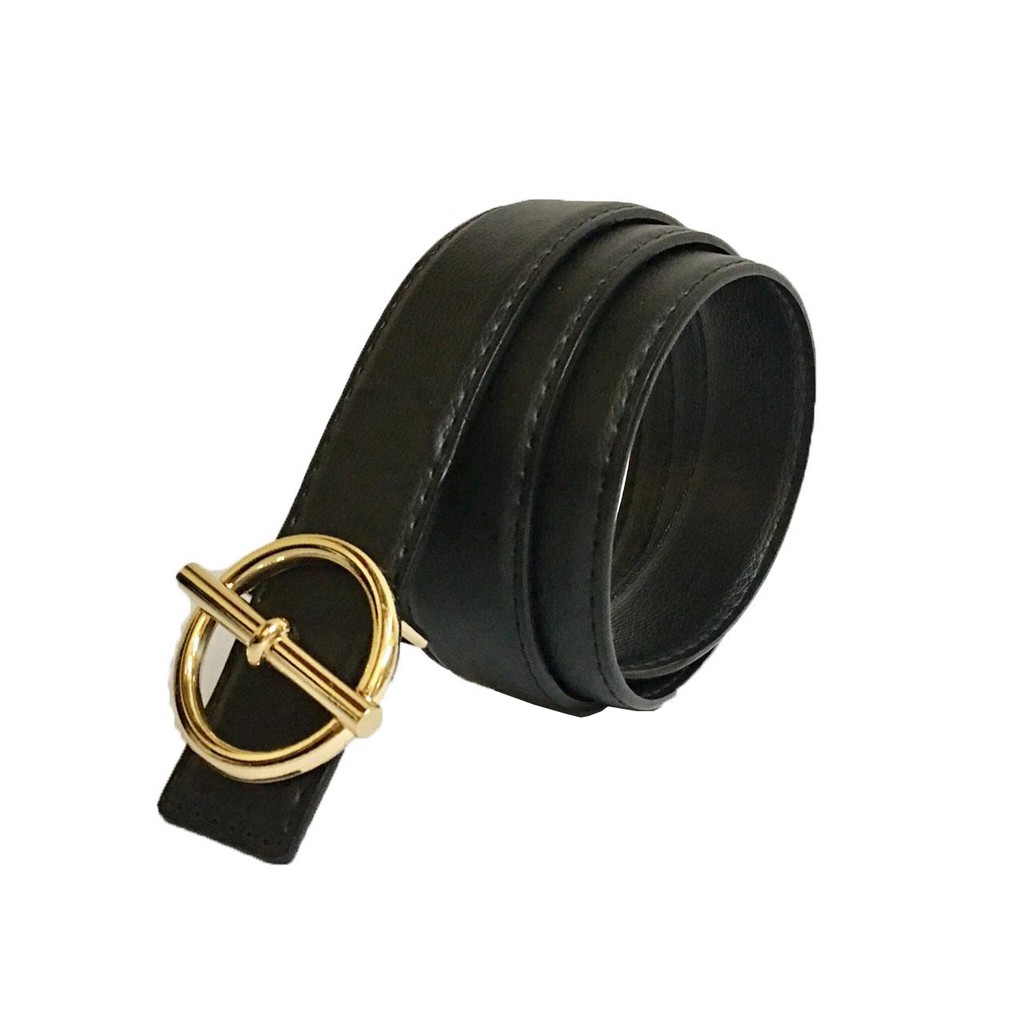 [FREE SHIP 99K] Dây thắt lưng nam chất da cao cấp mặt tròn cực sang MTD02 (mặt vàng,dây đen)