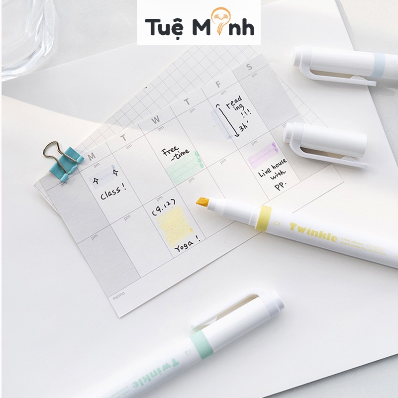 Bộ 4 bút higlight 2 đầu nhũ kim tuyến Twinkle B43 màu dạ quang ánh kim bút nhớ Pastel