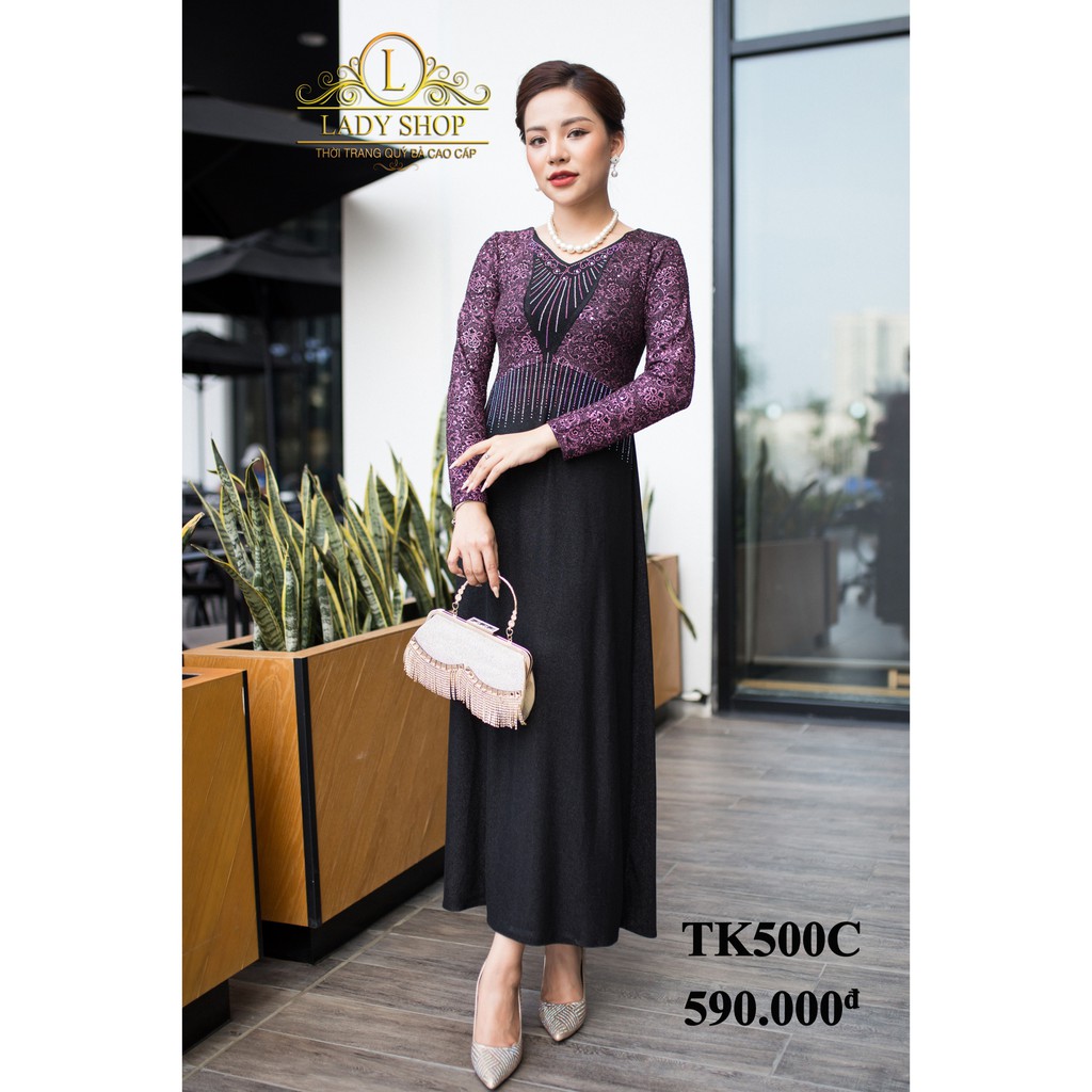 Váy trung niên quý bà cao cấp Ladyshop Maxi kim sa đỏ cổ V đá tia TK500 | BigBuy360 - bigbuy360.vn