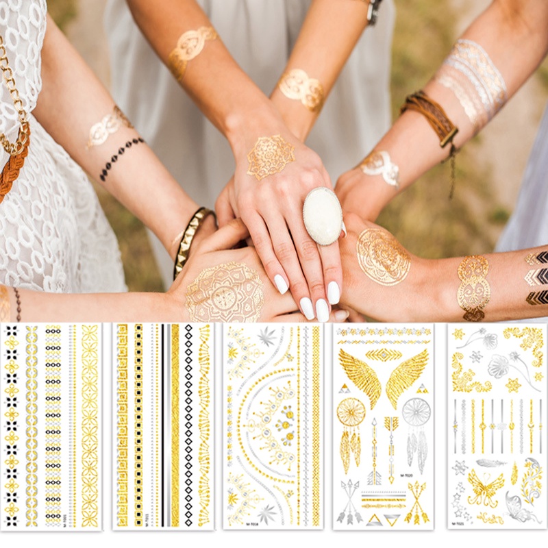 Miếng Dán Hình Xăm Tạm Thời Hình Hoa Sen/Vàng/Bạc Ánh Kim Phong Cách Boho Chống Thấm Nước Độc Đáo