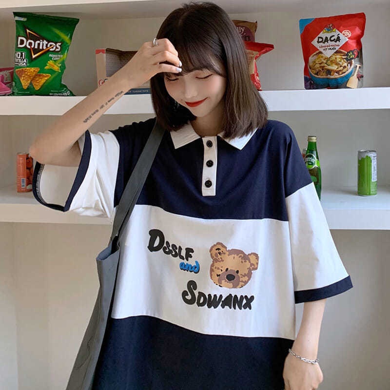 Áo Thun Polo Dáng Rộng In Hình Gấu Kiểu Nhật Bản Thời Trang Mùa Hè Cho Nữ