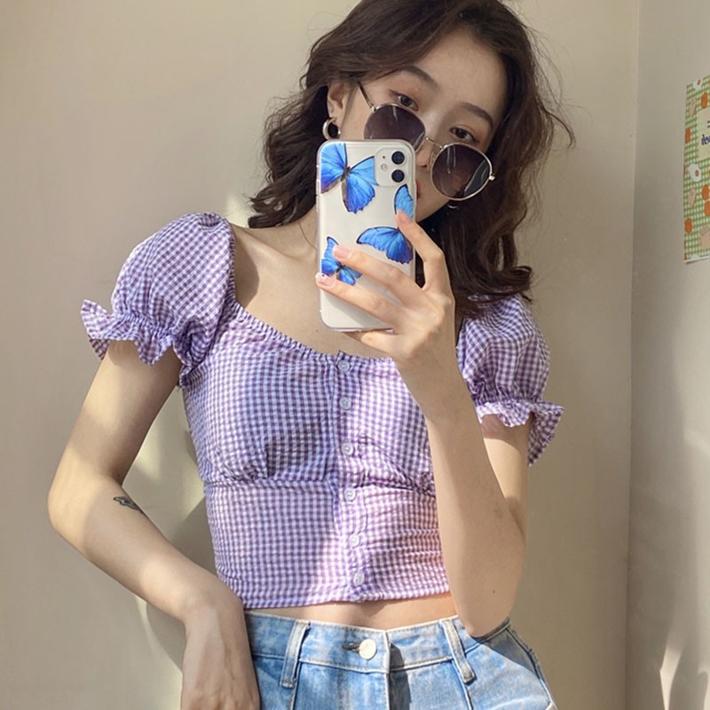 Áo Kiểu Tay Ngắn Cổ Vuông Phối Nút Hoạ Tiết Kẻ Sọc Đáng Yêu Cho Phái Nữ | BigBuy360 - bigbuy360.vn