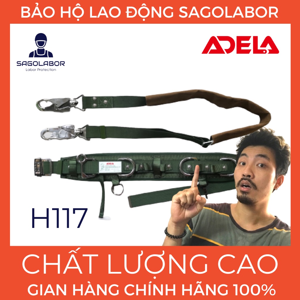 H117 ADELA Đài Loan - Dây đai an toàn điện lực EVN bảo hộ lao động - Gồm đai bụng, bảng dẹt 2 móc xoay