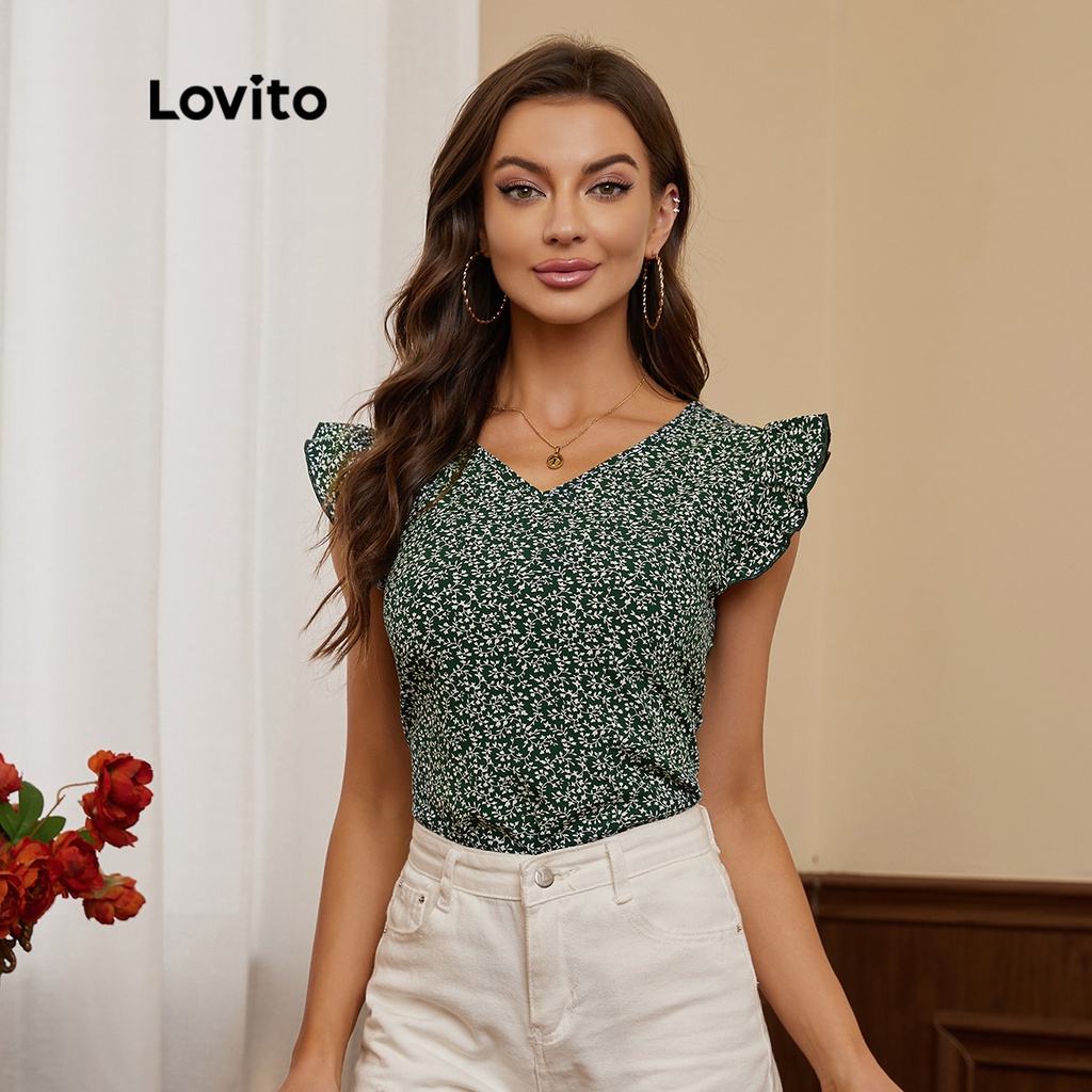 Áo Lovito cổ chữ v xếp nếp in họa tiết hoa nhí phong cách thanh lịch L17D104 (Màu xanh lá)