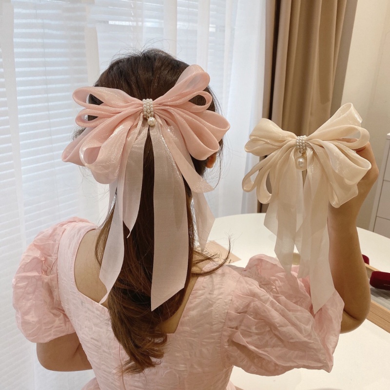 Kẹp Tóc Hình Nơ Vải Chiffon Đính Hạt Ngọc Trai Phối Tua Rua Kiểu Hàn Quốc 2022 Cho Nữ
