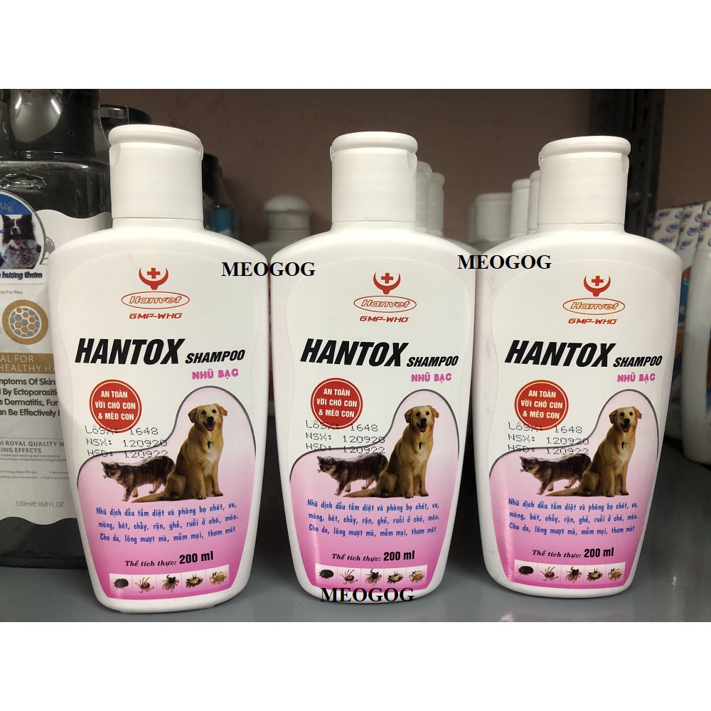 Sữa Tắm Trị Ve Rận Bọ Chét Mượt Lông cho chó con và mèo con Hantox Shampoo Hồng Nhũ Bạc 200ml MEOGOG