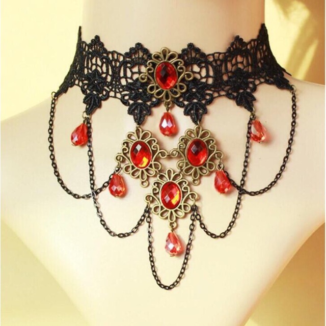 Vòng cổ Choker ren đen đính chuỗi đá đỏ quyến rũ MiNa101