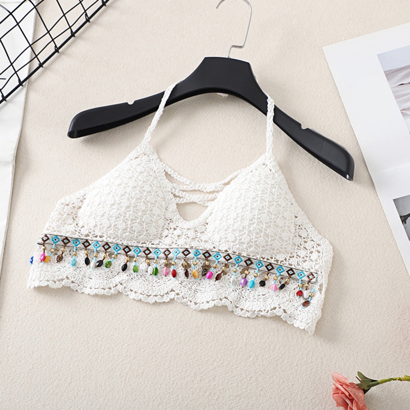 Brroa Áo Ngực Bikini Dệt Kim Hở Lưng Có Mút Đệm Hình Hoa Hồng Đan Móc Tua Rua Nhiều Màu Sắc Gợi Cảm Cho Nữ