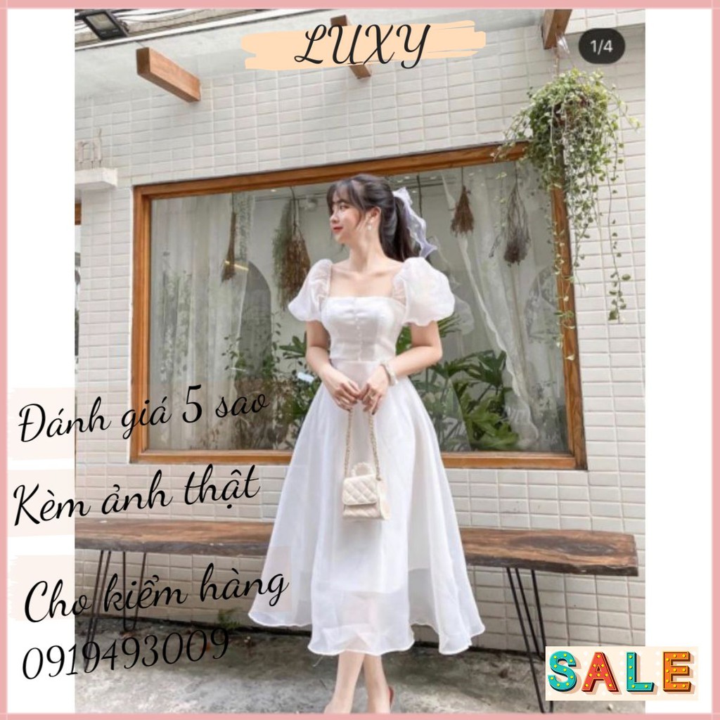 [Đầm dự tiệc] Đầm xòe tay phồng phối nút ngực chất tơ xinh cực Bori dress [VÁY ĐẸP KÈM ẢNH THẬT]