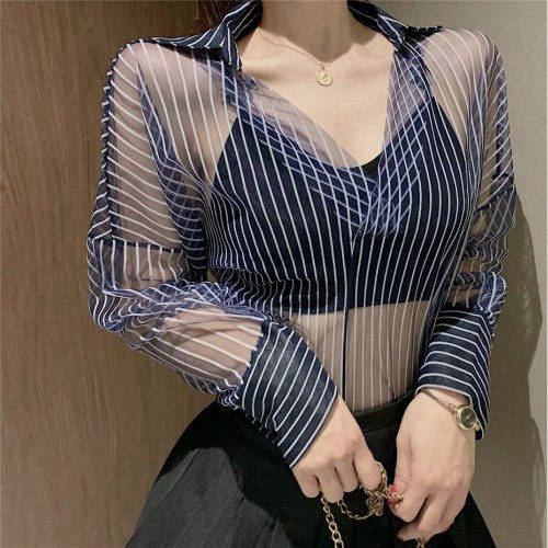 Áo Sơ Mi Voan Mỏng Kẻ Sọc Sexy Cổ V Tay Dài Phong Cách Hàn Quốc Thời Trang Xuân Hè 2022